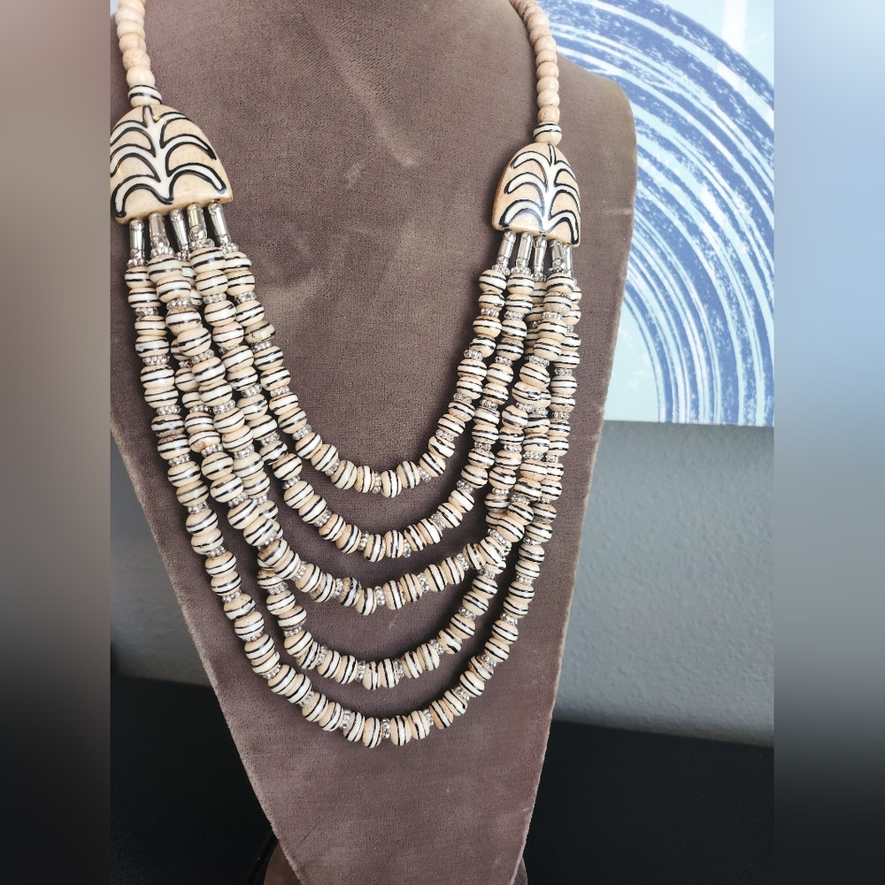 Multi-Strand Beaded Necklace With Hand Painted Bone